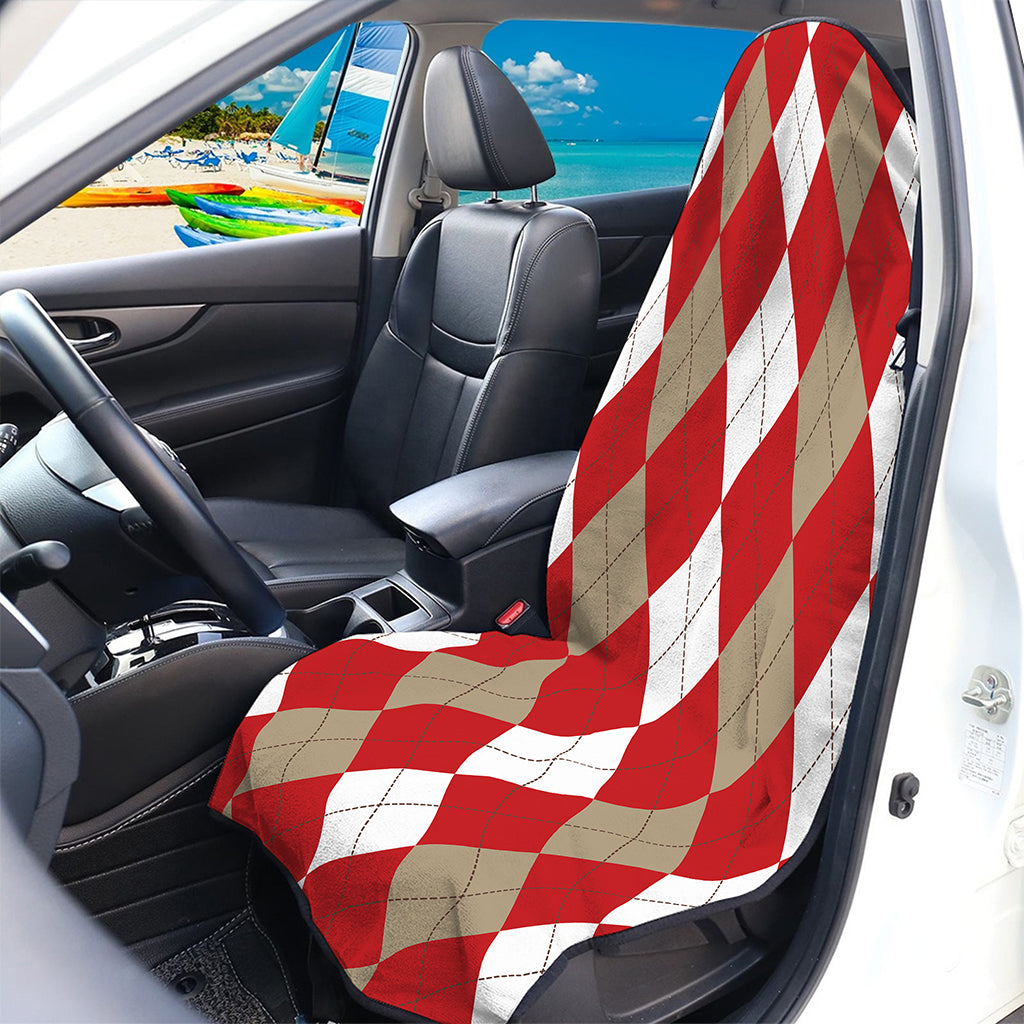Beige Red And White Argyle Pattern Print Waterproof Car Seat Cover