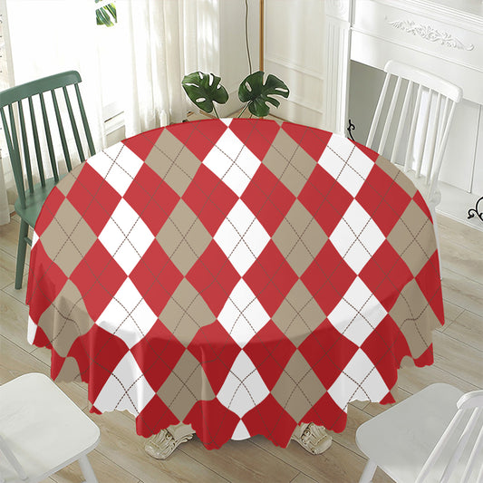 Beige Red And White Argyle Pattern Print Waterproof Round Tablecloth