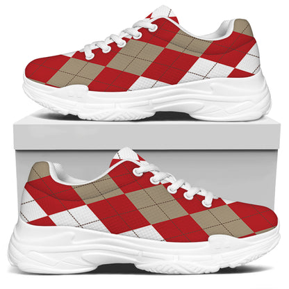 Beige Red And White Argyle Pattern Print White Chunky Shoes