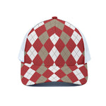 Beige Red And White Argyle Pattern Print White Mesh Trucker Cap