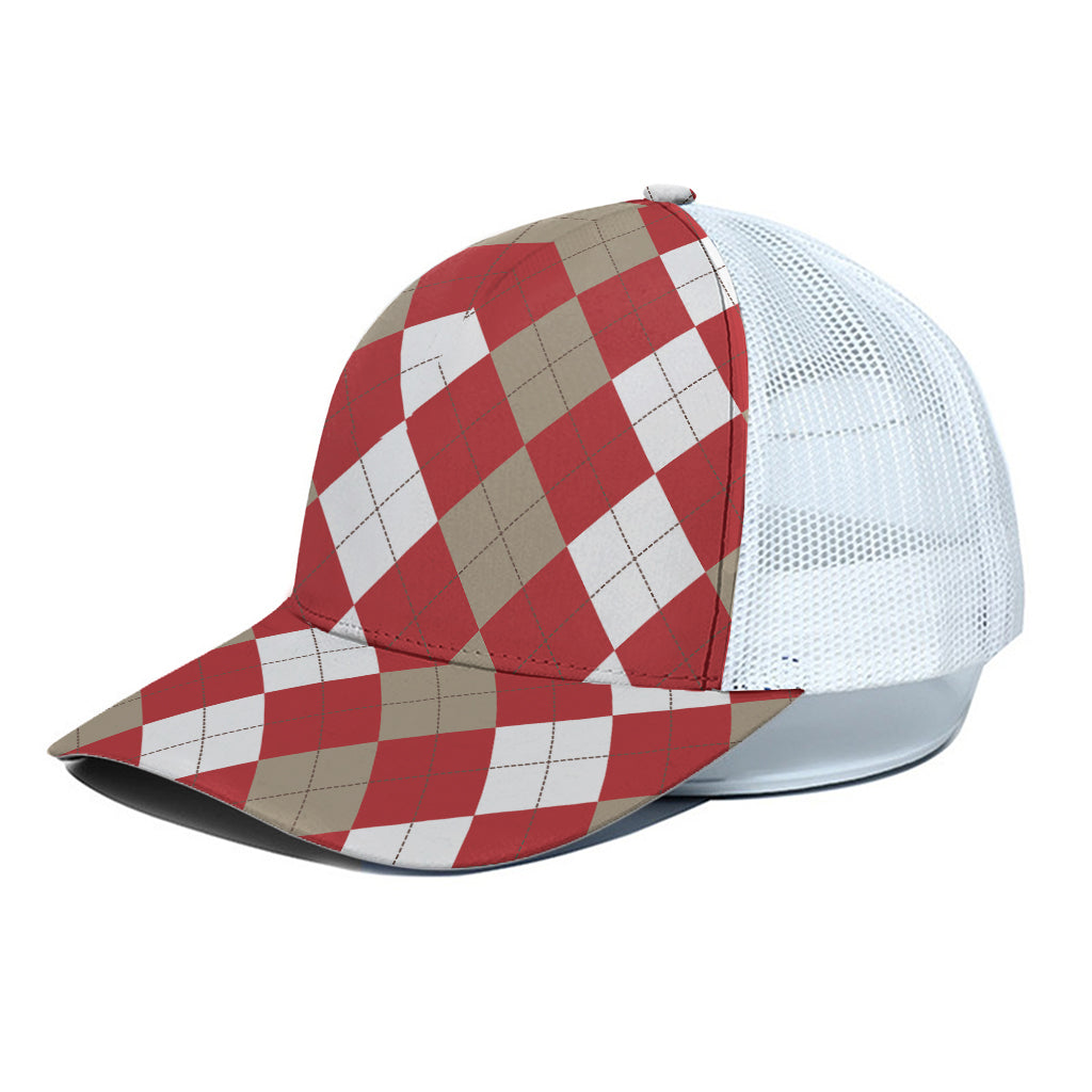 Beige Red And White Argyle Pattern Print White Mesh Trucker Cap