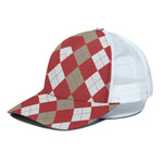 Beige Red And White Argyle Pattern Print White Mesh Trucker Cap
