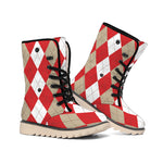 Beige Red And White Argyle Pattern Print Winter Boots
