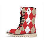 Beige Red And White Argyle Pattern Print Winter Boots