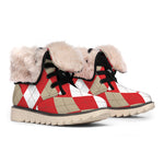 Beige Red And White Argyle Pattern Print Winter Boots