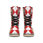 Beige Red And White Argyle Pattern Print Winter Boots