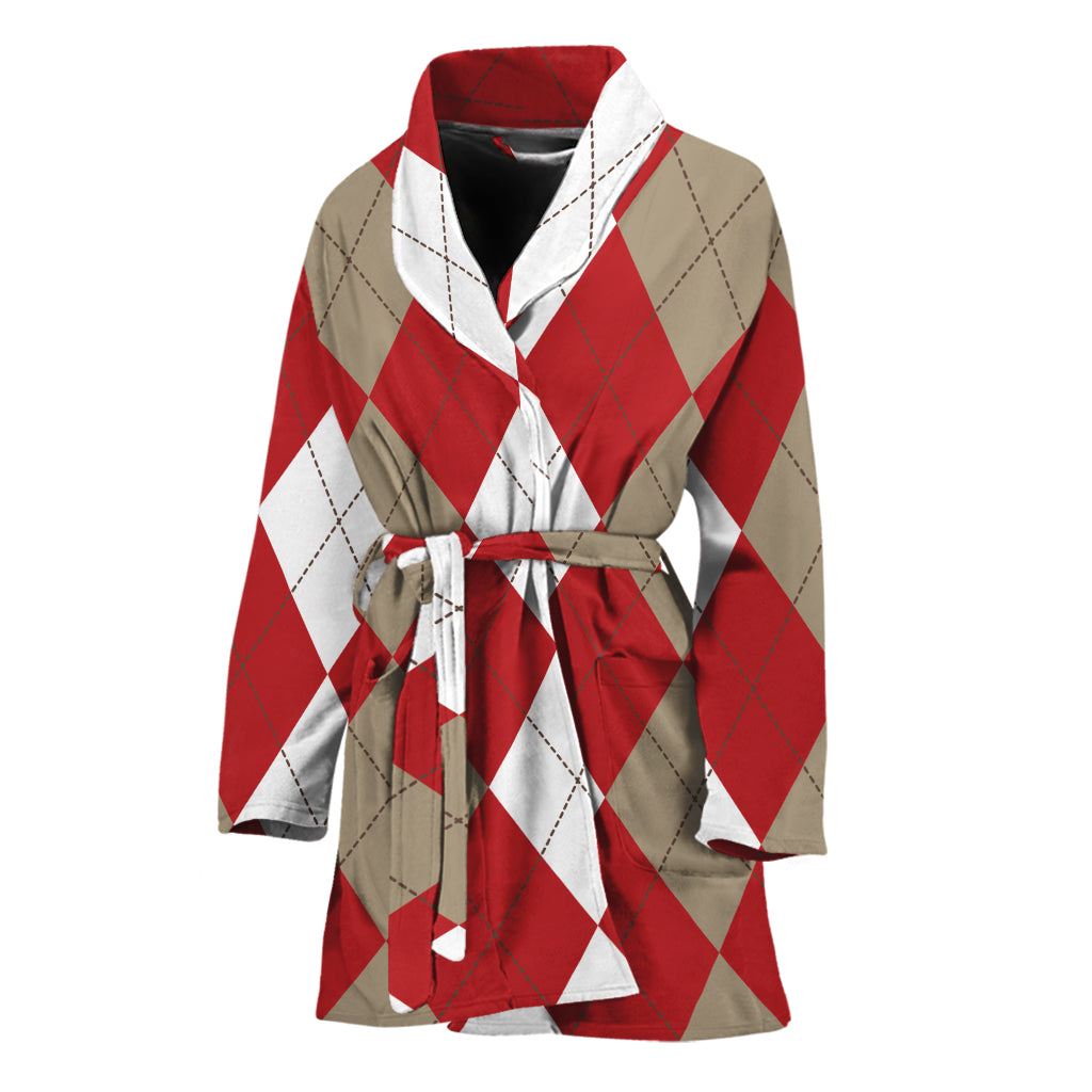 Beige Red And White Argyle Pattern Print Women's Bathrobe