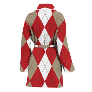 Beige Red And White Argyle Pattern Print Women's Bathrobe