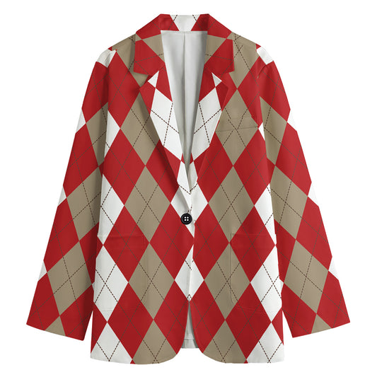 Beige Red And White Argyle Pattern Print Women's Blazer