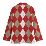 Beige Red And White Argyle Pattern Print Women's Blazer