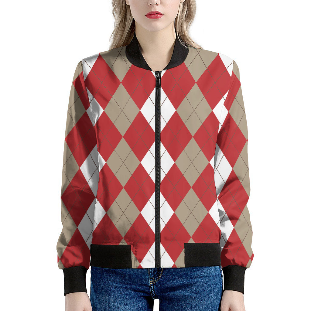 Beige Red And White Argyle Pattern Print Women's Bomber Jacket