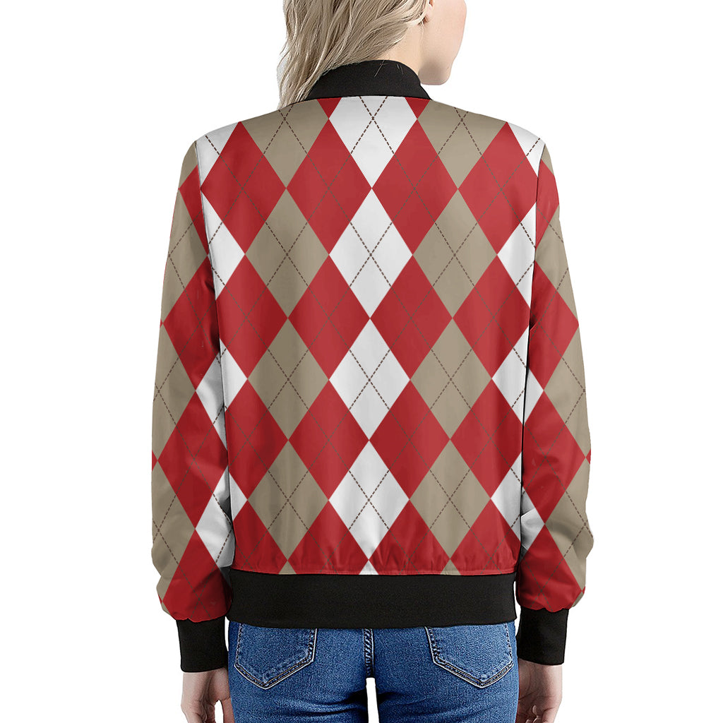 Beige Red And White Argyle Pattern Print Women's Bomber Jacket