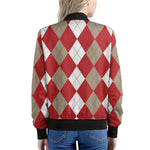 Beige Red And White Argyle Pattern Print Women's Bomber Jacket