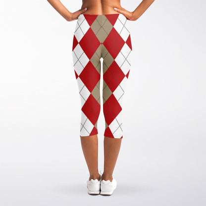 Beige Red And White Argyle Pattern Print Women's Capri Leggings