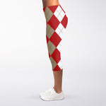 Beige Red And White Argyle Pattern Print Women's Capri Leggings