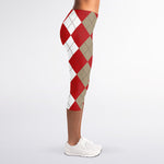 Beige Red And White Argyle Pattern Print Women's Capri Leggings