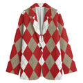 Beige Red And White Argyle Pattern Print Women's Cotton Blazer