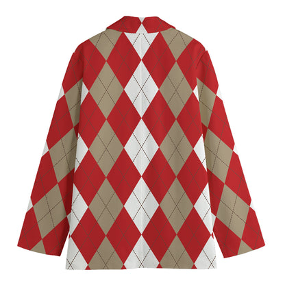 Beige Red And White Argyle Pattern Print Women's Cotton Blazer