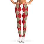 Beige Red And White Argyle Pattern Print Women's Leggings
