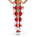 Beige Red And White Argyle Pattern Print Women's Leggings