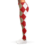 Beige Red And White Argyle Pattern Print Women's Leggings