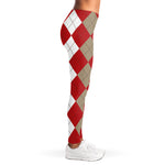Beige Red And White Argyle Pattern Print Women's Leggings