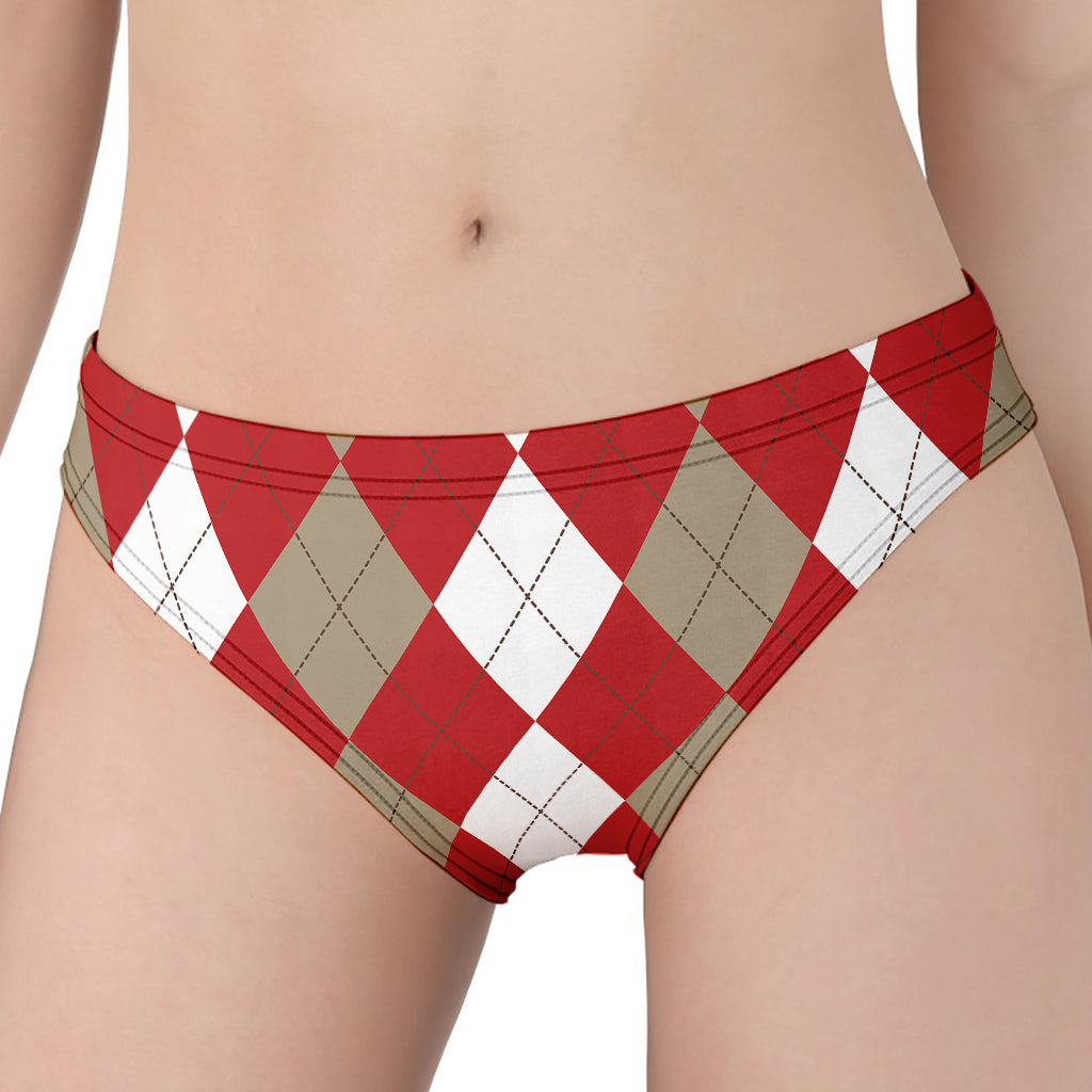 Beige Red And White Argyle Pattern Print Women's Panties