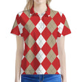 Beige Red And White Argyle Pattern Print Women's Polo Shirt