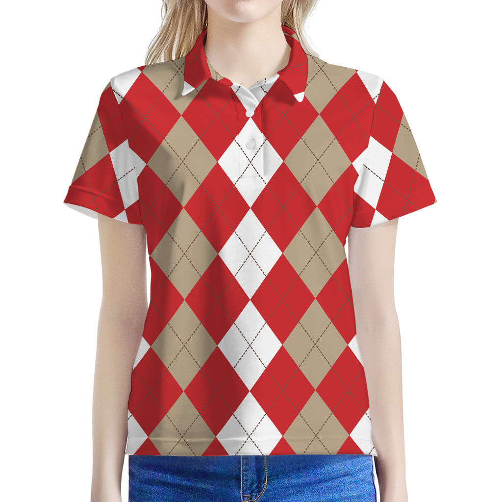 Beige Red And White Argyle Pattern Print Women's Polo Shirt
