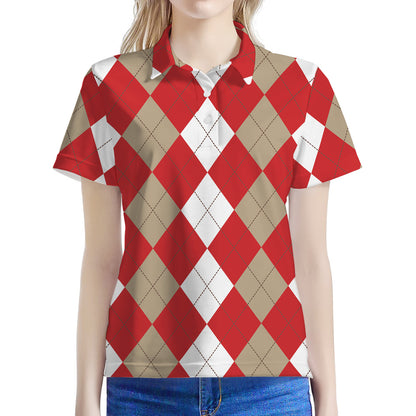 Beige Red And White Argyle Pattern Print Women's Polo Shirt
