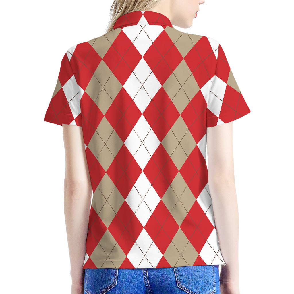 Beige Red And White Argyle Pattern Print Women's Polo Shirt