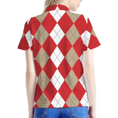 Beige Red And White Argyle Pattern Print Women's Polo Shirt