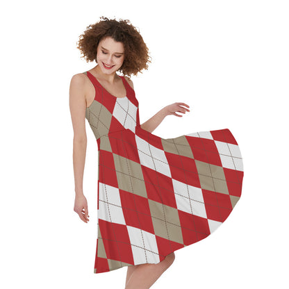 Beige Red And White Argyle Pattern Print Women's Sleeveless Dress