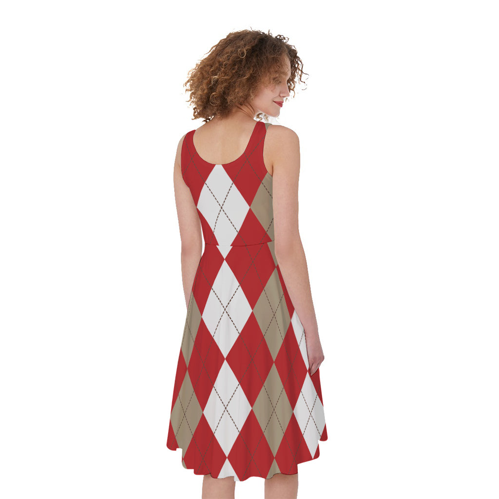Beige Red And White Argyle Pattern Print Women's Sleeveless Dress
