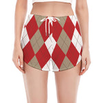 Beige Red And White Argyle Pattern Print Women's Split Running Shorts