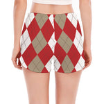Beige Red And White Argyle Pattern Print Women's Split Running Shorts