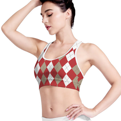 Beige Red And White Argyle Pattern Print Women's Sports Bra