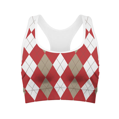Beige Red And White Argyle Pattern Print Women's Sports Bra