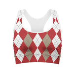 Beige Red And White Argyle Pattern Print Women's Sports Bra