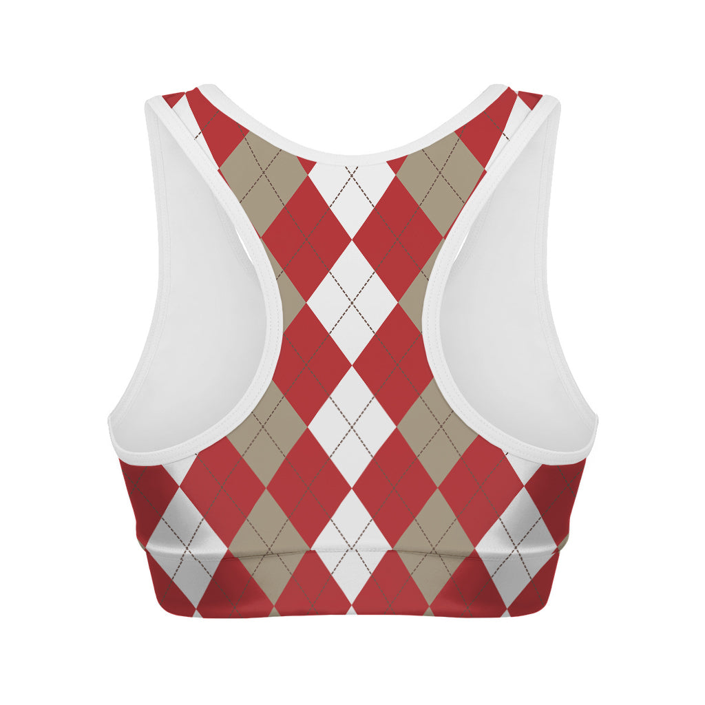 Beige Red And White Argyle Pattern Print Women's Sports Bra