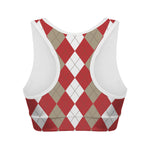 Beige Red And White Argyle Pattern Print Women's Sports Bra