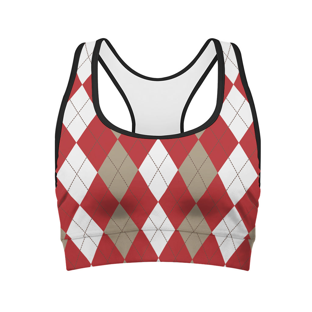 Beige Red And White Argyle Pattern Print Women's Sports Bra