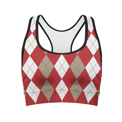 Beige Red And White Argyle Pattern Print Women's Sports Bra
