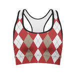 Beige Red And White Argyle Pattern Print Women's Sports Bra