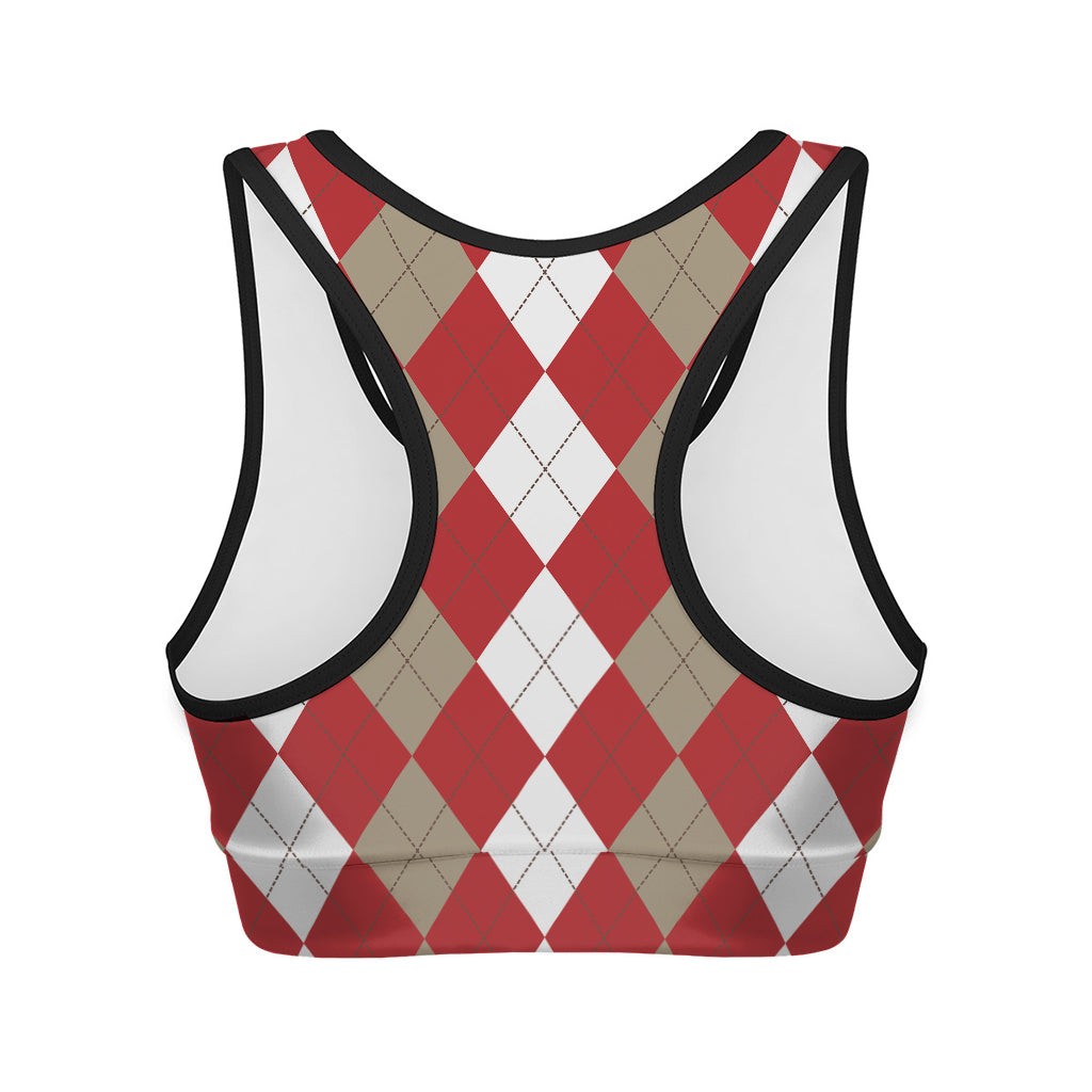 Beige Red And White Argyle Pattern Print Women's Sports Bra
