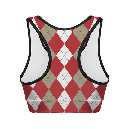 Beige Red And White Argyle Pattern Print Women's Sports Bra
