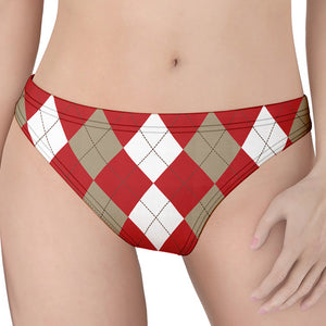 Beige Red And White Argyle Pattern Print Women's Thong