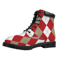 Beige Red And White Argyle Pattern Print Padded Collar Lace Up Boots