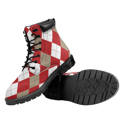 Beige Red And White Argyle Pattern Print Work Boots
