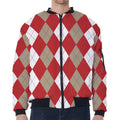 Beige Red And White Argyle Pattern Print Zip Sleeve Bomber Jacket